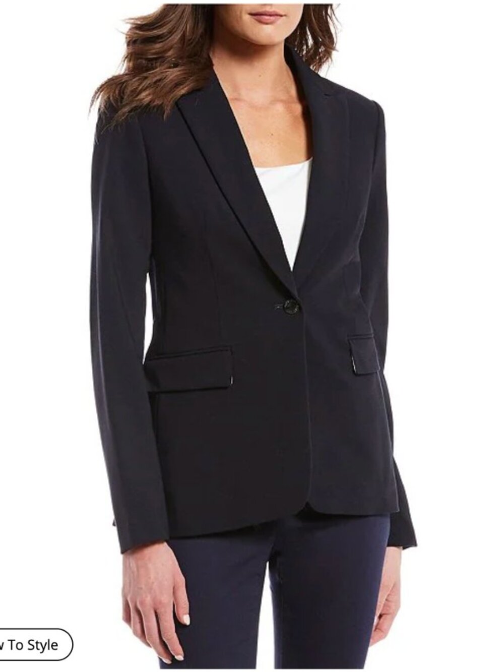 Calvin Klein Notch Lapel Long Sleeve One Button Blazer, Size 8, Navy